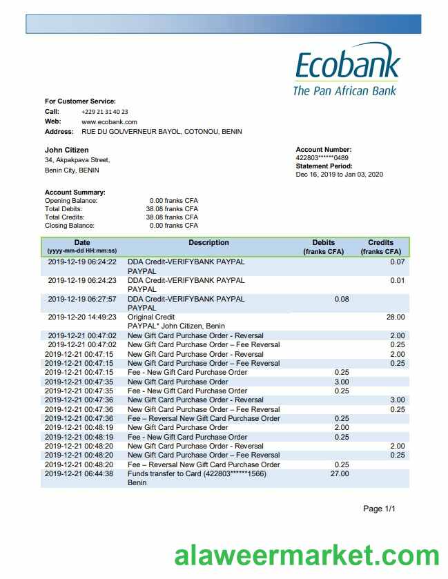 Benin Ecobank bank statement